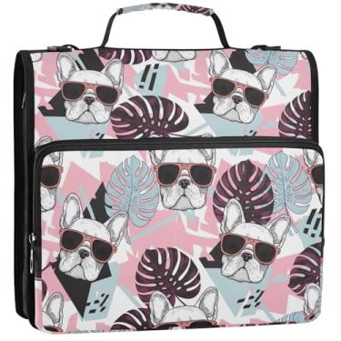 Imagem de Documentos fichários de 3 cm para óculos de sol buldogues franceses resistentes, organizador de fichário com zíper, portfólio e estojo, suporte de pasta de anel, bolsa de fichário com alça para escola