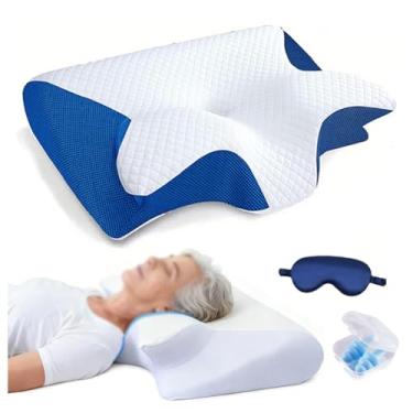 Imagem de SPXMQSS Travesseiro ortopédico, ergonômico, para dor no pescoço e no ombro, almofadas laterais para dormir, travesseiro cervical de espuma viscoelástica para dor no pescoço, azul, 1 peça