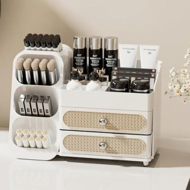 Imagem de KQJS Organizador de maquiagem com gavetas, organizador de bancada de grande capacidade para penteadeira, banheiro e quarto, organizador de cosméticos, fácil de armazenar cuidados com a pele, pincéis