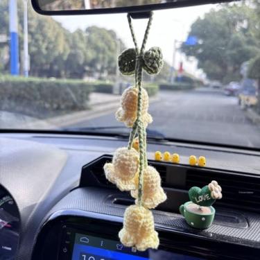Imagem de Enfeite de crochê de lírio do vale, espelho retrovisor de carro, acessórios de carro feitos à mão para mulheres e homens, flor de malha para decoração de interiores de carros, pingente de bolsa