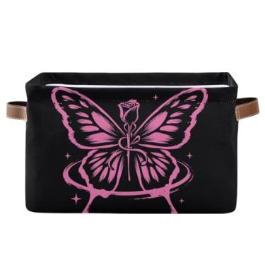 Imagem de Cesto organizador dobrável de lona borboleta rosa com alças para prateleira, escritório em casa