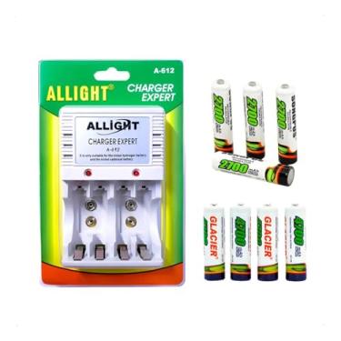 Imagem de Carregador de Pilhas Bivolt AA AAA e Bateria 9V | Kit com 4 Pilhas AA + 4 Pilhas AAA Recarregáveis | Carregamento Inteligente Allight XD-612D | Combo Econômico para Controles e Brinquedos