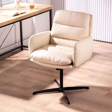 Imagem de AkosOL Cadeira de escritório para mesas sem rodas, cadeira acolchoada com pernas cruzadas, cadeira giratória no meio das costas para escritório em casa, poltrona confortável e macia cadeira ajustável
