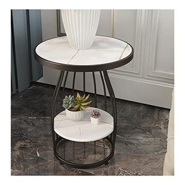 Imagem de Mesa lateral redonda mesa de sofá de mármore pequena mesa de canto de 2 camadas com prateleira de armazenamento aberta com moldura de metal dourado (cor: ouro 1) (preto 2)