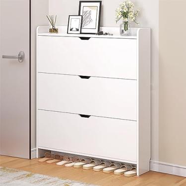 Imagem de Armário de armazenamento de sapatos de entrada com 3 gavetas – Rack organizador de sapatos estreito e livre com portas de puxar para baixo
