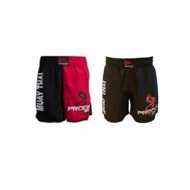 Imagem de 2 Short Muay Thai Bermuda Calção Luta Masculino Progne, Preto, Vermelh