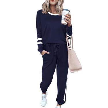 Imagem de Conjunto de Moletom PRETTYGARDEN Feminino 2 Peças Azul Marinho Listrad