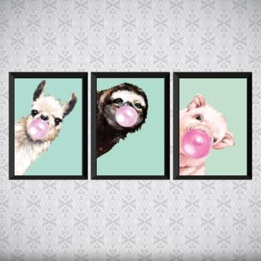 Imagem de Kit 3 Quadros Animais Chicletes Turquesa 24X18 Moldura Preta