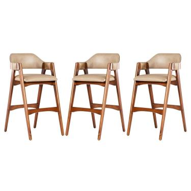 Imagem de Kit 3 Banquetas Alta em Madeira Lina Estofada Couríssimo Bege CCS