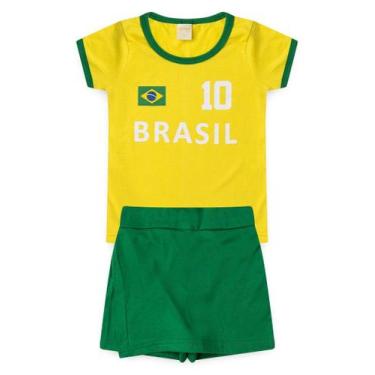 Imagem de Conjunto Brasil Infantil Menina Amarelo Blusa e Shorts Saia Copa do Mu