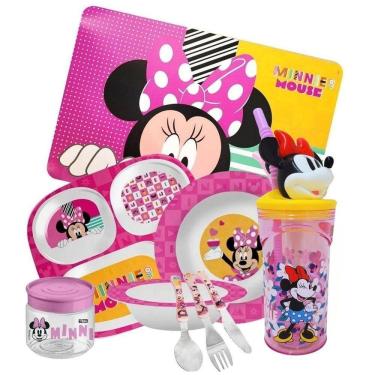 Imagem de Kit Refeição Infantil Minnie 9 Peças Pratos, Tigela, Copo 3d, Lugar Americano, Talheres E Pote Multiuso