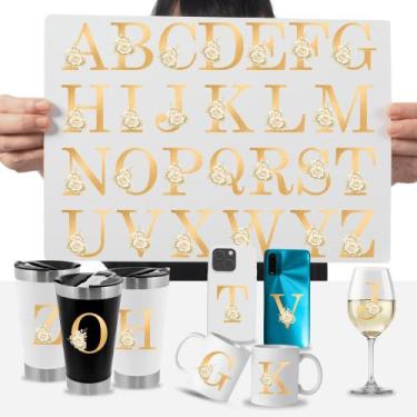 Imagem de Cartela Adesivos Letras Alfabeto Abecedário Dourado Flor DTF UV - Grav