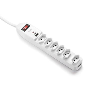 Imagem de Filtro de Linha 6 Tomadas USB Tipo a e C 10A Proteção Contra Surtos com Chave Liga-Desliga Elgin