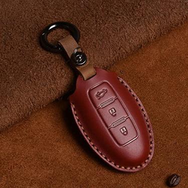 Imagem de YJADHU Estojo de couro para a chave do carro, adequado para Infiniti EX35 FX35 FX50 M56 G35 G37 JX35 QX50 QX60 QX80 Nissan Keychain Protect capa da bolsa, caixa de 3 botões vermelha