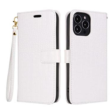 Imagem de Capa para iPhone 14/14 Pro/14 Plus/14 Pro, capa carteira de couro flip padrão de crocodilo capa de couro real com compartimento para cartão, branco, 14 6,1 polegadas