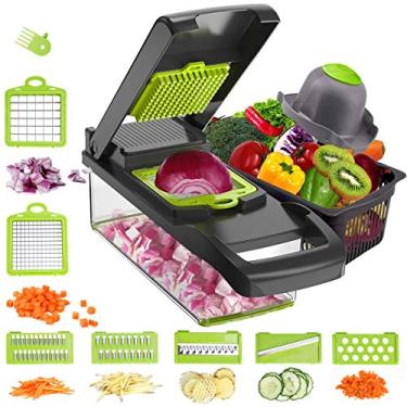 Imagem de Fatiador de picador de vegetais Mandoline, cortador de cebola com recipiente, cortador de cozinha 7 em 1 para cenouras, repolho, batata, alho, tomate, frutas, salada (cinza)