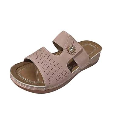 Imagem de Sandálias de plataforma para mulheres com strass, sandálias modernas de metal para carro e fivela com costura feminina (rosa, 35-36)