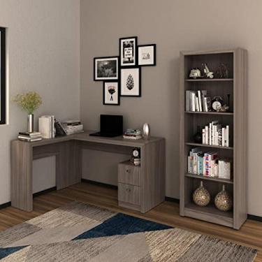 Imagem de Conjunto Home Office 2 Peças 1 Mesa para Escritório em L com 1 Estante Espresso Móveis