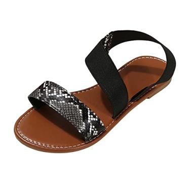 Imagem de Sandálias rasteiras de couro com estampa de pele de cobra moda feminina verão bico aberto sandálias de praia casuais sandálias de praia (preto, 7,5)