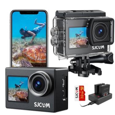 Imagem de SJCAM Câmera de ação SJ4000 4K30FPS WiFi atualizada Ultra HD Dual Screen 30 m, câmera subaquática de 170° grande angular à prova d'água com 2 baterias, cartão SD e kits de acessórios para capacete de