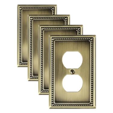 Imagem de TREEWELL Pacote com 4 placas de cobertura de tomada duplex, placas de parede de metal de latão antigo para tomadas elétricas, 1 capa de receptáculo, placas decorativas de pérolas e tampas de tomada