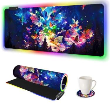 Imagem de AIMSA Mouse pad para jogos com LED RGB, 14 modos de brilho, mousepad extragrande para jogos, 89,9 x 40,1 cm, grande à prova d'água, tapete de mouse pad estendido, borboleta abstrata colorida