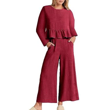 Imagem de Conjunto feminino de verão de 2 peças, de linho, manga curta, conjuntos combinando e calça longa 2024, Zb1-vermelho, G