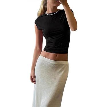 Imagem de Letuwj Camiseta feminina sexy frente única manga curta cor sólida para frente e para trás, Preto, M
