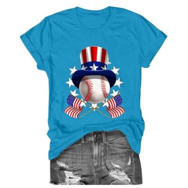 Imagem de Camisetas femininas de beisebol, bandeira americana, listras, casual, folgada, gola redonda, manga curta, túnica leve, Azul-celeste, GG