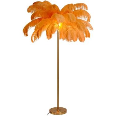 Imagem de Luminária de chão para sala de estar, lâmpadas modernas de penas de avestruz real, luzes LED de piso de poste dourado contínuas, 3 temperaturas de luzes reguláveis, design elegante para quarto, sala