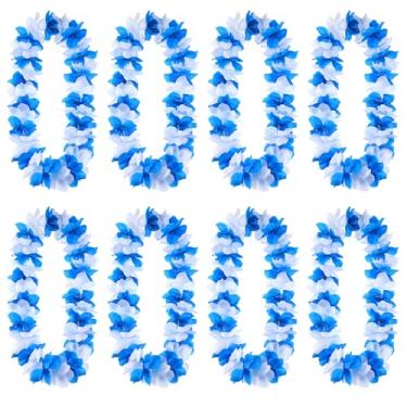 Imagem de FineCheer 8 unidades de colar de flores havaiano Leis 2025 Luau de formatura a granel para suprimentos de festa de formatura (azul e branco)