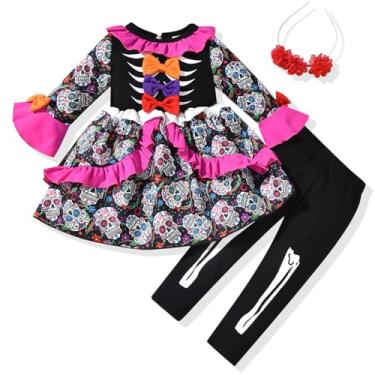 Imagem de HINTINA Conjunto de 3 peças para bebês meninas Halloween com estampa de caveira e calça legging fantasma com chapéu Csarf, Esqueleto preto, 18-24 Meses
