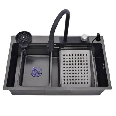 Imagem de Cuba Cozinha Gourmet Premium Cascata Com Torneira Lavador Copos Aço Inox 304 Preto