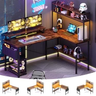 Imagem de Aheaplus Mesa de jogos em forma de L com tomadas elétricas e luzes LED, mesa pequena em forma de L para computador com suporte para monitor e prateleira de armazenamento, mesa de escritório em casa