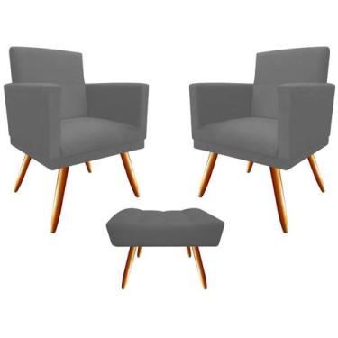 Imagem de Kit 2 Poltronas Decorativa Nina + Puff Retangular Suede Cinza Pés Made