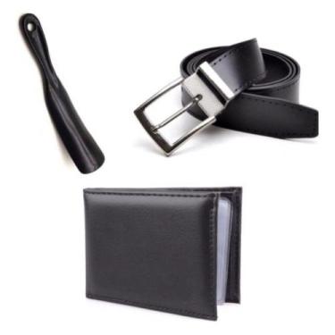 Imagem de Kit Cinto Masculino Dupla Face Fivela Com Carteira Slim e Calçadeira P
