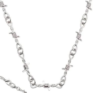 Imagem de ellifam Colar de corrente de arame farpado – gargantilha estilo punk gótico ousado, metal grosso, hip-hop, gótico, alt, grunge, gótico, indie, corrente alternativa ousada, espinhos de pulseira, rock