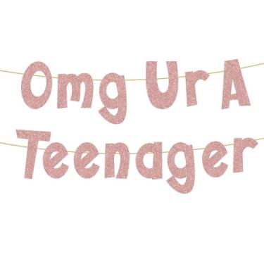 Imagem de Omg Ur A Banner de adolescente, faixa de aniversário de 13 anos com glitter, decorações engraçadas de festa de 13 anos para adolescentes, meninos, meninas, adolescentes oficiais (ouro rosa)