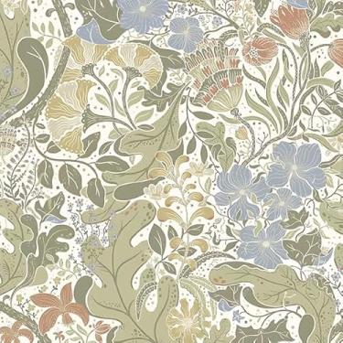 Imagem de HeloHo Papel de parede de papel de parede de folha verde floral azul claro autoadesivo removível à prova d'água para decoração de sala de estar quarto 41 cm x 499 cm