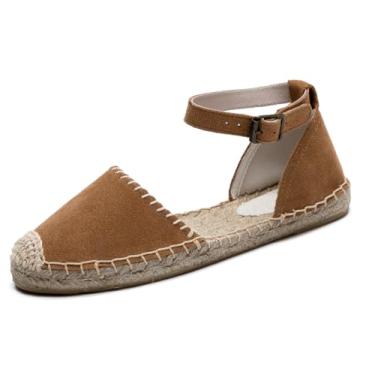 Imagem de U-lite Sandália feminina espadrille rasteira fechada no tornozelo, cadarço clássico verão elegante sapatos rasos, Fivela de camurça marrom, 34
