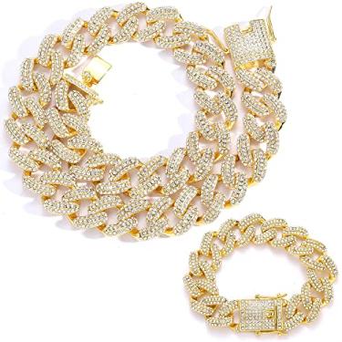 Imagem de EMESLY Corrente de elos cubanos Miami / Colar de prata (40, 46, 50, 56, 61, 76 cm); pulseira hip hop (comprimento de 20 cm) para homens e mulheres; joia perfeita para presente brilhante, 20.0 Inches,