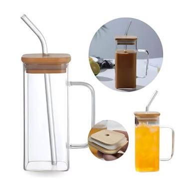 Imagem de Copo De Vidro Com Alça 300ml Caneca Com Tampa De Bambu Canudo Borossilicato Bebidas Geladas Quentes Chá Café (Canudo Transparente Alça Azul)