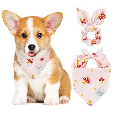 Imagem de E-Clover Conjunto de bandanas xadrez de búfalo rosa e scrunchie combinando para meninas, babadores de cachorro fofo, bandana para animais de estimação com gravata borboleta para cães pequenos, dona de