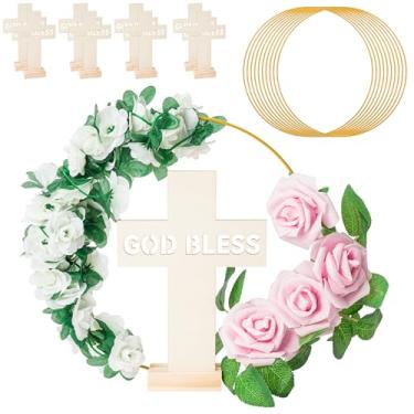 Imagem de WATINC Guirlanda de metal de argola floral dourada com cruzes fixas e rosas falsas, cruzes de madeira em pé, decoração de batismo para primeira comunhão, artesanato de batismo, decoração feita à mão