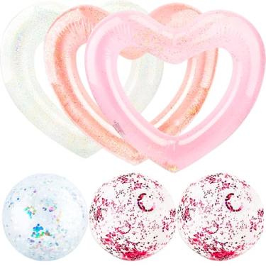 Imagem de Pacote com 3 boias de piscina infláveis infláveis em forma de coração 109 x 119 cm e pacote com 3 bolas de praia infláveis com glitter de 40 cm para diversão aquática, festa de despedida de solteira