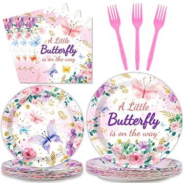 Imagem de Pratos de festa de chá de bebê de borboleta, guardanapos suprimentos para 24 convidados, uma pequena borboleta está a caminho festa de bebê menina louça de papel descartável rosa floral princesa menina louça para chá de bebê 96 peças