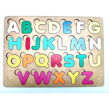 Imagem de Brinquedo Educativo Pedagógico em Madeira Letras Coloridas Alfabeto Completo Tabuleiro de 27cm x 19cm