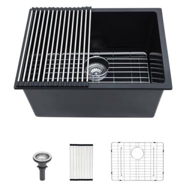 Imagem de Talllor Pia utilitária de lavanderia com 24 peças de montagem inferior - 61 x 45 x 30 cm de profundidade de granito composto de quartzo preto fosco clássico sob o balcão pia extra profunda #TLGU-121