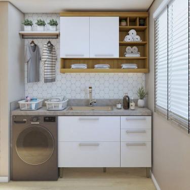 Imagem de Lavanderia Modulada Com Balcão E Armário Aéreo Com Nicho 100% Mdf Burguesa Amadeirado Freijó/branco