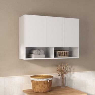 Imagem de Armário Aéreo Milão Multiuso Cozinha Lavanderia Banheiro 3 Portas E 2 Nichos Branco
